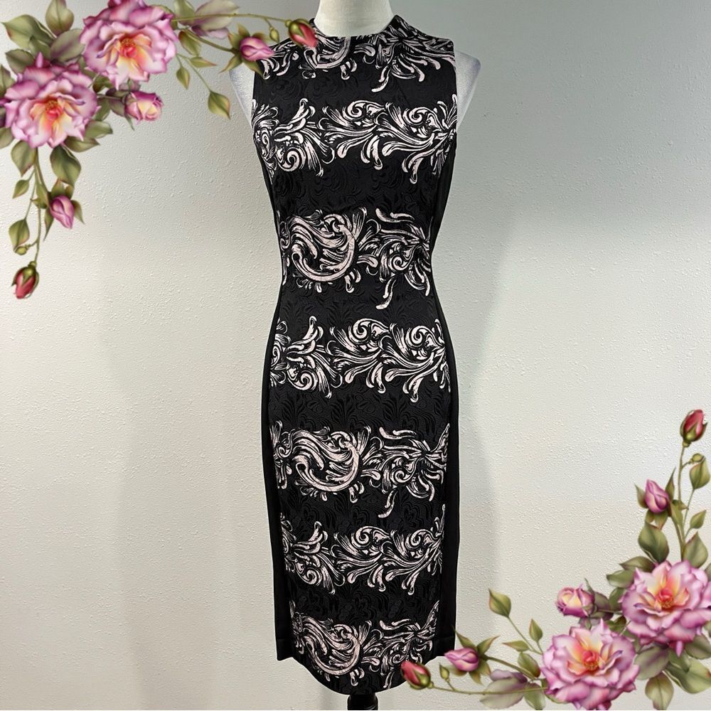 H&M Black and cream Sheath Midi Dress Mock Neck Sleeveless size 8
